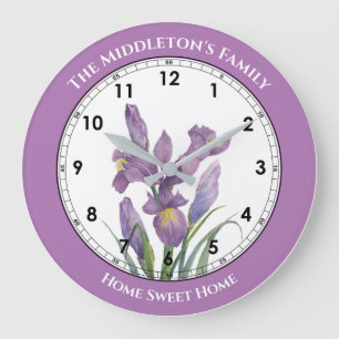 Grande Horloge Ronde Aquarelle Purple Iris Botanique Floral Peinture