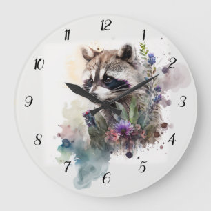 Grande Horloge Ronde Aquarelle Raton Laveur Mignon Fleurs de Printemps 