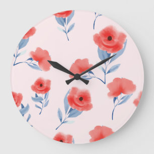 Grande Horloge Ronde Aquarelle Red Peony Motif sans couture
