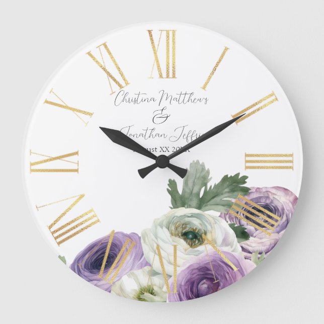Grande Horloge Ronde Aquarelle romantique Ranunculus blanc et pourpre (Recto)