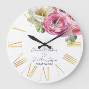 Grande Horloge Ronde Aquarelle romantique Ranunculus blanc et rose