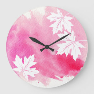 Grande Horloge Ronde Aquarelle rose chaud moderne et feuilles d'érable