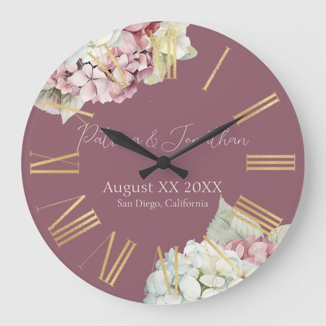 Grande Horloge Ronde Aquarelle rose et blanc Fleurs d'hydrangée sur le  (Recto)