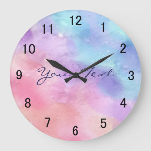 Grande Horloge Ronde Aquarelle rose et bleue personnalisée
