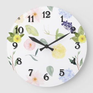 Grande Horloge Ronde Aquarelle rose jaune Floral