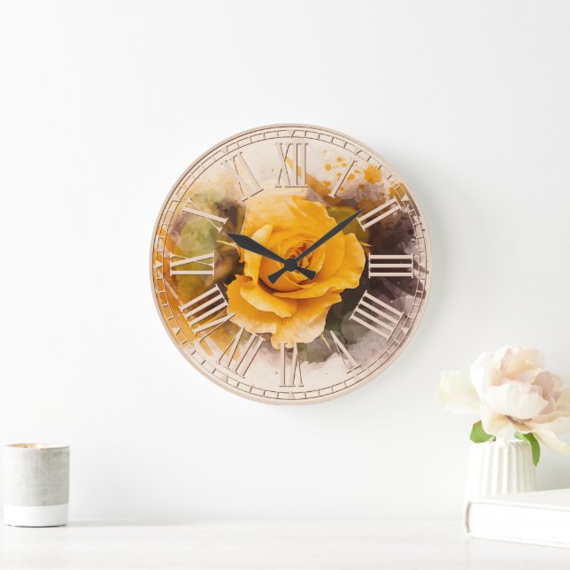 Grande Horloge Ronde Aquarelle rose jaune simple (Maison)