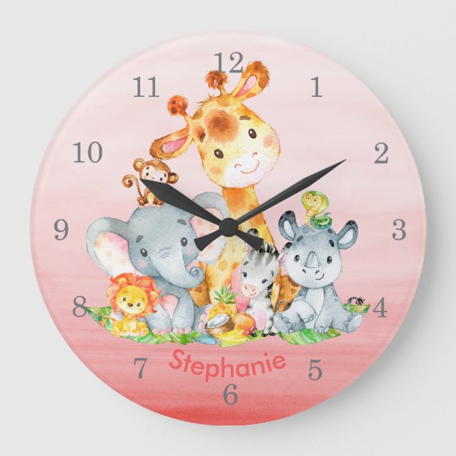 Grande Horloge Ronde Aquarelle rose mignonne Safari Jungle Animaux (Recto)