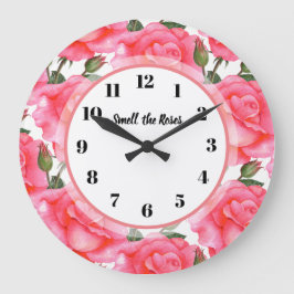 Grande Horloge Ronde Aquarelle rose rose motif floral