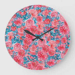 Grande Horloge Ronde Aquarelle Rose tapisserie florale
