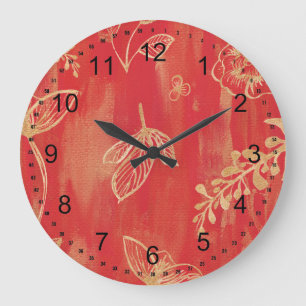 Grande Horloge Ronde Aquarelle rouge or Floral