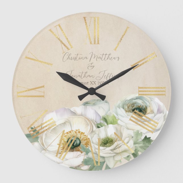 Grande Horloge Ronde Aquarelle rustique Ranunculus blanc (Recto)