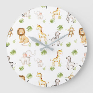 Grande Horloge Ronde Aquarelle Safari Animaux Baby Nursery