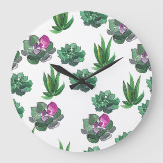 Grande Horloge Ronde Aquarelle Succulente Conception Motif transparente