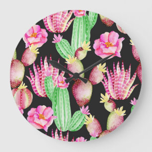 Grande Horloge Ronde Aquarelle succulents : cactus motif floral.