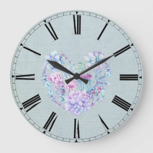 Grande Horloge Ronde Aquarelle Succulents Cœur