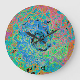 Grande Horloge Ronde Aquarelle Tourbillon Liquide Abstrait Rétro Bleu G