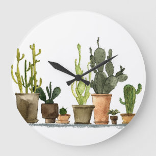 Grande Horloge Ronde Aquarelle verte Cactus : Pots tirés à la main