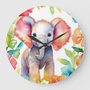 Grande Horloge Ronde Aquarelle vive de l'éléphant