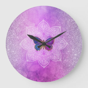 Grande Horloge Ronde *~* Aquarelle Yoga Parties scintillant Papillon Ma