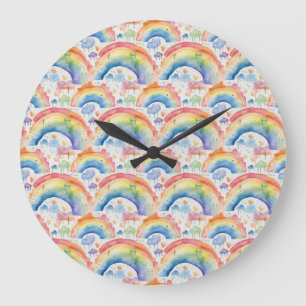 Grande Horloge Ronde Aquarelles Arcs-en-ciel et Nuages 