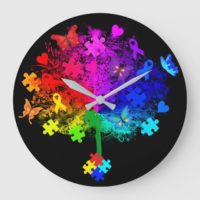 Grande Horloge Ronde Arbre arc-en-ciel Autisme (Recto)