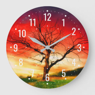 Grande Horloge Ronde Arbre d'automne avec coucher de soleil - Analogiqu