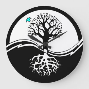 Grande Horloge Ronde Arbre de Yin Yang de noir et de blanc de la vie
