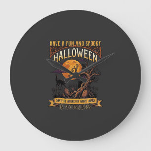 Grande Horloge Ronde Arbre effrayant Halloween pleine lune chat noir ci