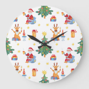 Grande Horloge Ronde Arbres de Noël, Père Noël : motif aquarelle.