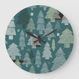 Grande Horloge Ronde Arbres d'hiver, motif vintage de Noël.