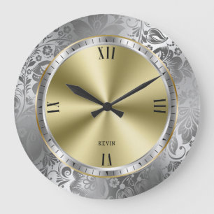 Grande Horloge Ronde Argent brillant et design or Touche de Damas