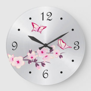Grande Horloge Ronde Argent de fleurs de cerisier de papillons