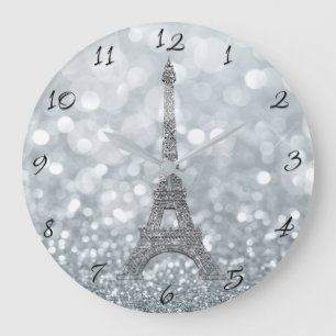 Grande Horloge Ronde Argent paillettes scintillement Paris Tour Eiffel 