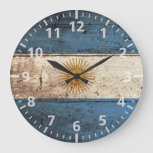 Grande Horloge Ronde Argentine Flag on Old Wood Grain