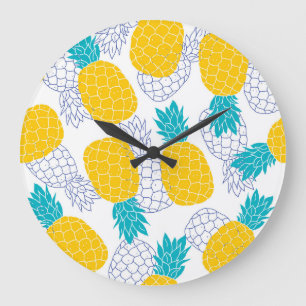 Grande Horloge Ronde Arrière - plan blanc ananas, motif sans soudure.