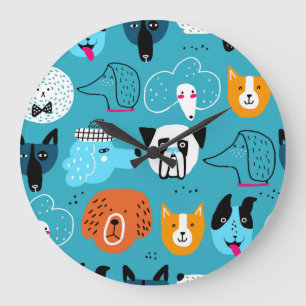 Grande Horloge Ronde Arrière - plan bleu, Motif de chien joueur.