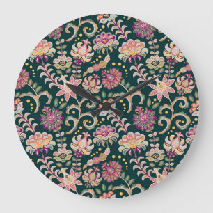Grande Horloge Ronde Arrière - plan floral rose foncé