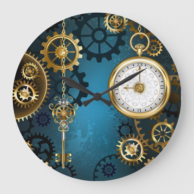 Grande Horloge Ronde Arrière - plan turquoise à vapeur avec Gears (Recto)
