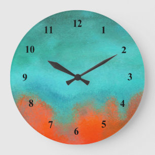 Grande Horloge Ronde Art Abstrait Ciel Feu Lava Coral Turquoise Orange