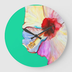 Grande Horloge Ronde art aquarelle d'hibiscus d'été