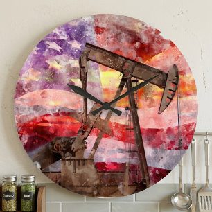 Grande Horloge Ronde Art aquarelle du coucher de soleil pompe patriotiq