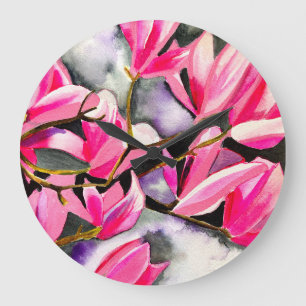 Grande Horloge Ronde art aquarelle magnolia rose
