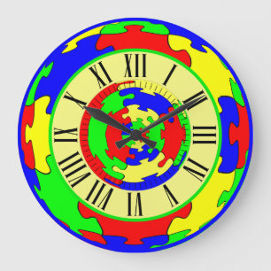 Grande Horloge Ronde Art de puzzle coloré, Numéros romains