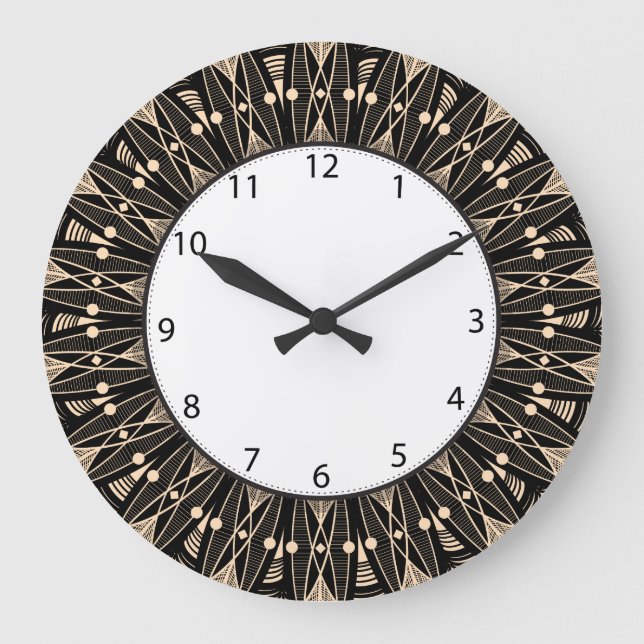 Grande Horloge Ronde Art Déco Floral Noir (Recto)
