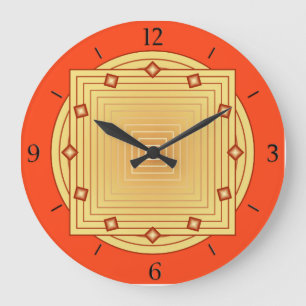 Grande Horloge Ronde Art déco géométrique, mandarine et jaune