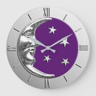 Grande Horloge Ronde Art déco Lune et étoiles - Amethyst Purple & Sil