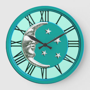 Grande Horloge Ronde Art Déco Lune et Etoiles - Turquoise & Argent