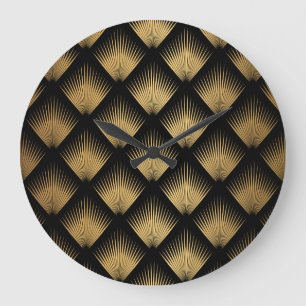 Grande Horloge Ronde Art Déco, motif d'or noir.