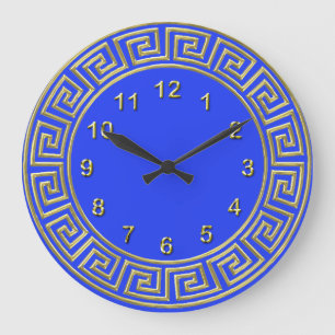 Grande Horloge Ronde Art Déco Or Bleu Bordure Clé Grecque Fond DIY