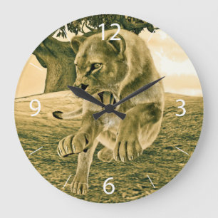 Grande Horloge Ronde Art dramatique de lionne de safari faunique